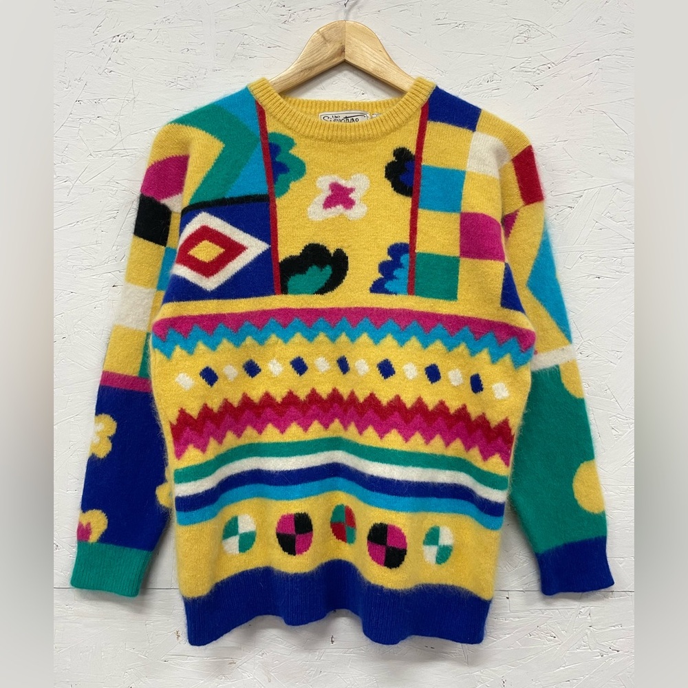 Vintage Lambswool Colourful Knit Crewneck Sweater, Size L